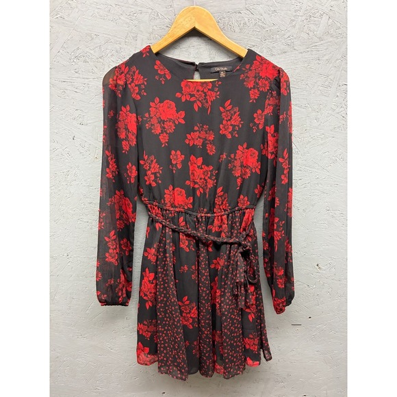 City Studio Dresses & Skirts - City Studio Floral Mini Dress Women's XS Black Red Long Sleeve Chiffon Belted